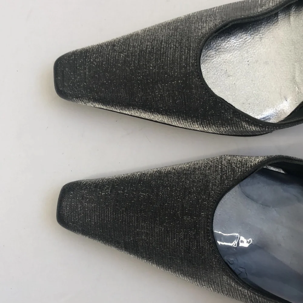 Stuart Weitzman silver metallic pointy square toe kitten heel slingbacks